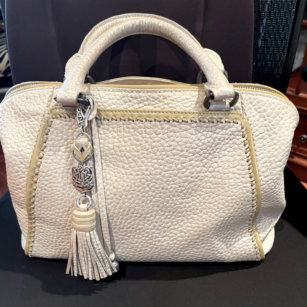 Brighton Metallic Cream Pebbled Leather Dual Handle Satchel U197302 Tassel Charm
